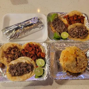 Tacos, burritos, and quesadillas.