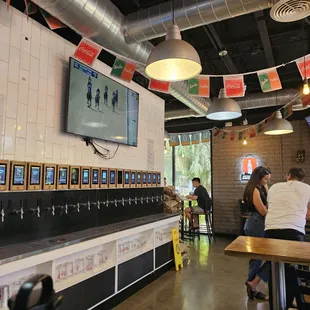 a row of beer taps in a restaurant