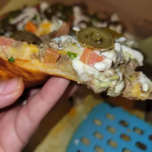 a hand holding a piece of pizza