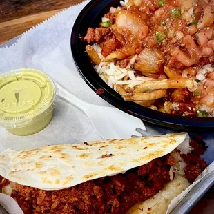 Vegan Quesadilla w/chorizo "meat", Vegan Fries w/al pastor "meat"