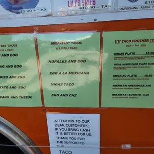 Breakfast menu