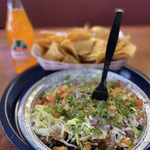 BOWL with side of CHIPS AND SALSA and Jarritos