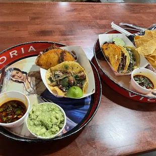 birria tacos, street tacos, and guac