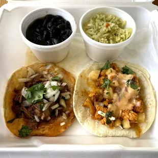 Birria Taco, Chicken Al Pastor Taco, Black Beans and Rice