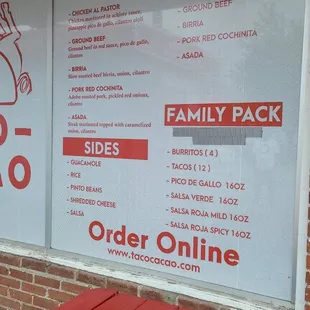 Menu. Offering tacos, burritos and sides