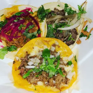 Pork red cochinita ;; birri with added cheese ;; asada steak