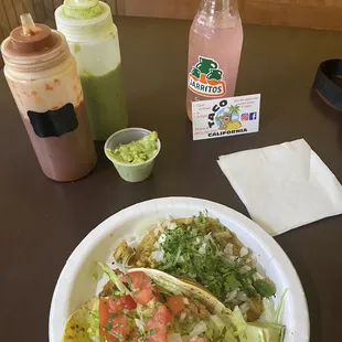 Chicken and fish tacos. Guava soda. Guac