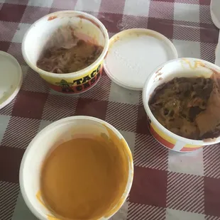 Both cheese cups weren't even half full and I pd $1.79 for extra cheese!  The frijoles weren't even half full either!