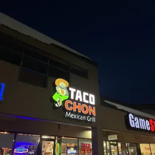 a taco chon restaurant at night