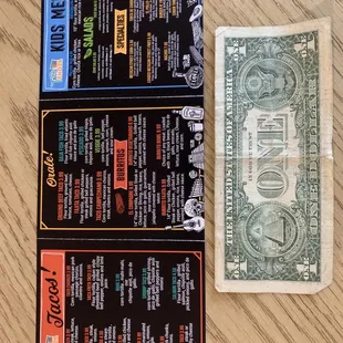 Menu (the dollar is for scale)