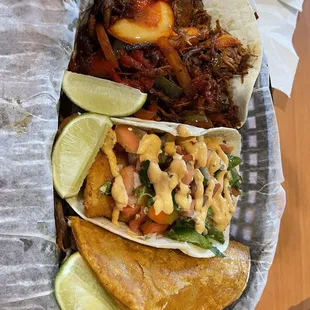 Vaca Frita Taco, Baja Fish Taco, Birria Taco