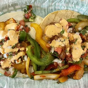 Baja Fish Taco on the left, Shrimp Taco on the right.