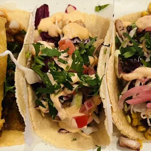 Tacos (Left to Right) AL PASTOR, MAHI MAHI FISH &amp; PULPO