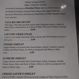 a menu for a taco breakfast