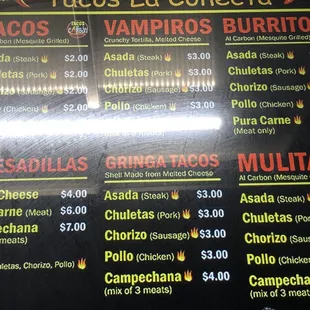 Menu (sorry about the glare)
