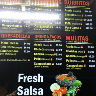 a menu for fresh salsa