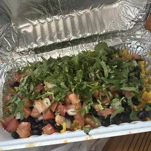 Beans rice and salsa with cilantro