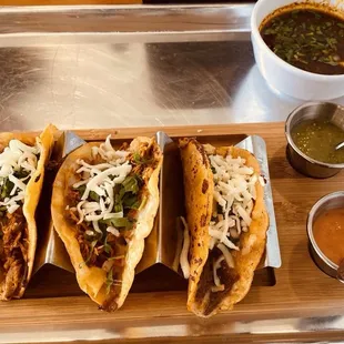 My tacos de birria. 3 tacos (2 chicken and one beef) with soup or rice for $12.95.