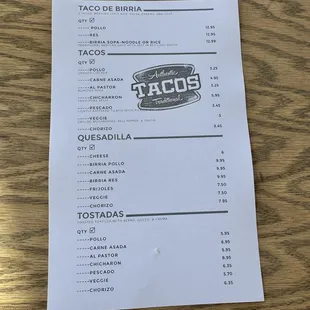 Menu and birria quesadilla