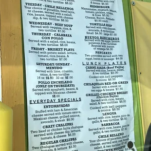 Specials and Plates Menu