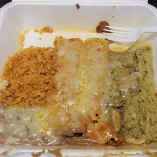 Grilled pork enchiladas, chicken tamale, refried beans and rice to go