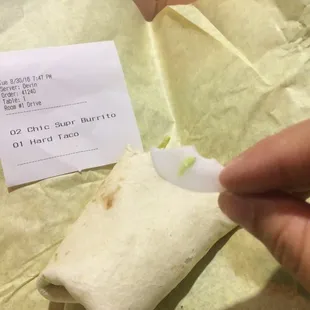 We stopped here for a road trip snack. Didn't know that a huge piece of plastic was part of the chicken supreme burrito. Grossed out.