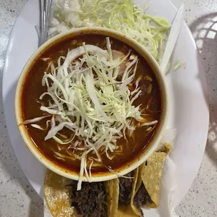 Pozolita with three barbacoa tacos.