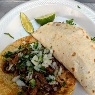 Taco al pastor and quesadilla de asada
