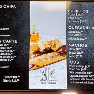 a menu on a large screen