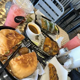 Al Pastor Torta, Quesobirria tacos, Carne Asada/Pollo tacos w/ strawberry agua fresca.