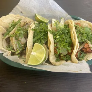 Four tacos. Two carne asada and two Al pastor. Did not disappoint!  First, the tortillas are fresh fresh made by hand.