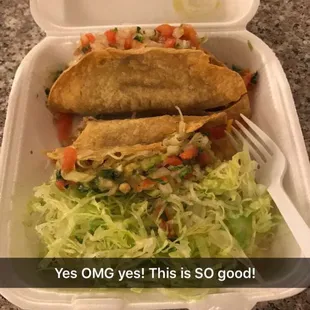 Shredded beef tacos on a perfectly fried corn tortilla! Loved that it wasn&apos;t greasy at all!