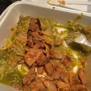 smothered burrito apparently only has the tortilla, the protein, and the sauce on it. Should have gotten a plate of just chicken
