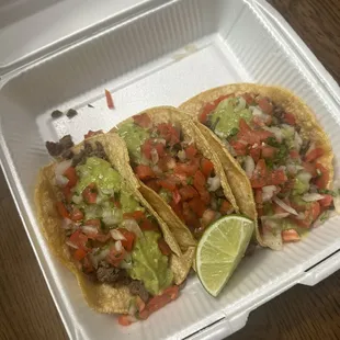 Carne Asada Taco order of 3. Loaded with meat, guacamole, and pico de gallo