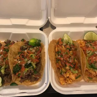 Carne asada tacos and grilled chicken tacos