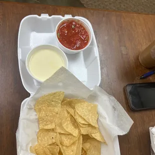 Chip queso cheese dip , salsa