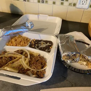 Carnitas Plato, asada burrito supreme