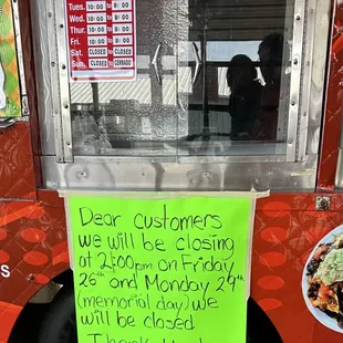 Closed Memorial Day and early on Friday before