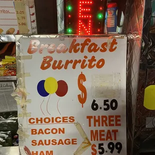 a sign for breakfast burrito
