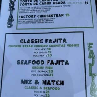 Tortas/Fajitas Menu