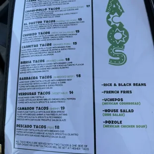 Taco Menu