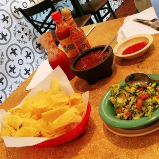 Home made guacamole, mexican &amp; mild salsa