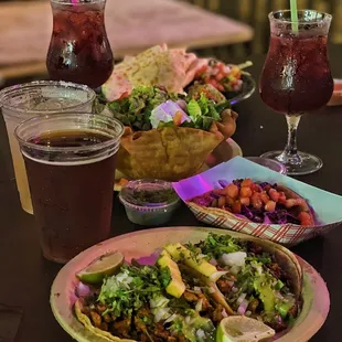 a plate of food and a drink