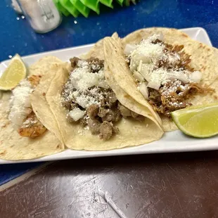 Shrimp taco, steak taco, carnitas taco (left to right)
