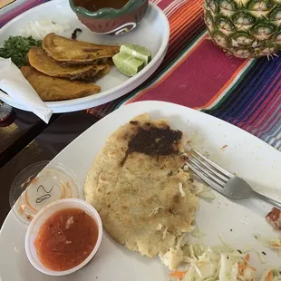 Quesabirria tacos and pupusa.