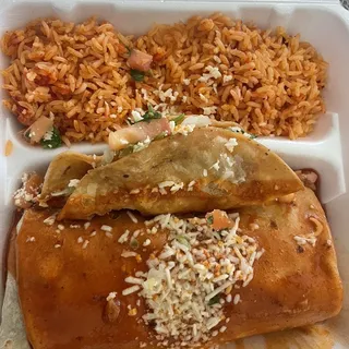 11. Mixed Burrito with Enchilada Sauce, Beef Taco and Rice