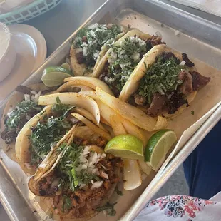 Two chorizo, two Asada, one carnita and one Alpastor street tacos. Outstanding!