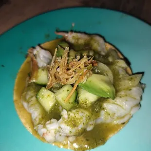 Green chilaquiles tostada.