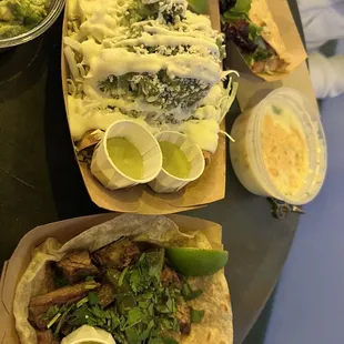 Carne asada taco and chicken Flautas (shredded chicken).   Flautas were too dry and the carne asada was too big and chewy...