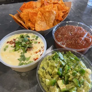 Trio Guacamole, Queso, Salsa Roja and Chips